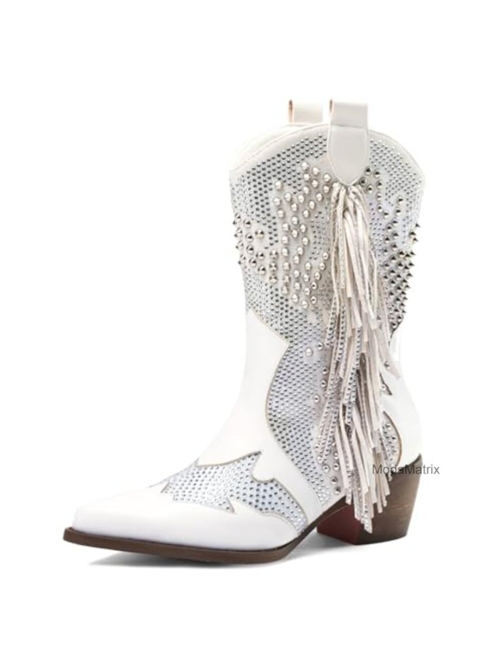 Rhinestone Western Ankle Boots Pointed Toe Chunky Heel Tassel